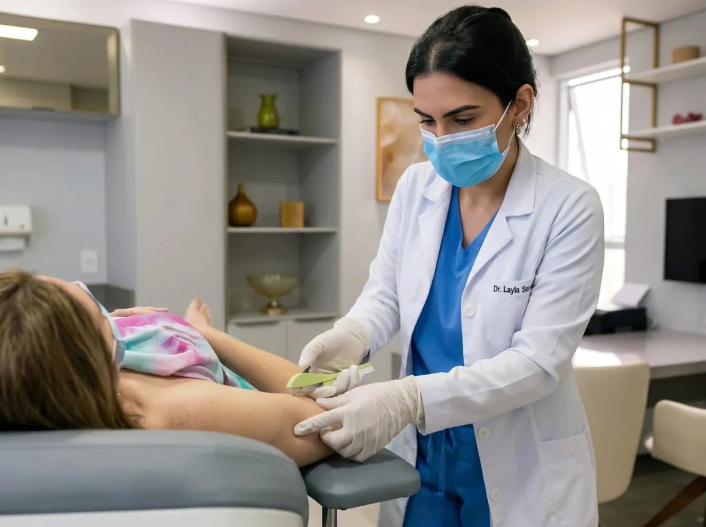 Inserção de DIU e Implanon 5 Dra. Layla Serrano, médica ginecologista, realizando procedimento seguro de inserção de DIU e Implanon em consultório.